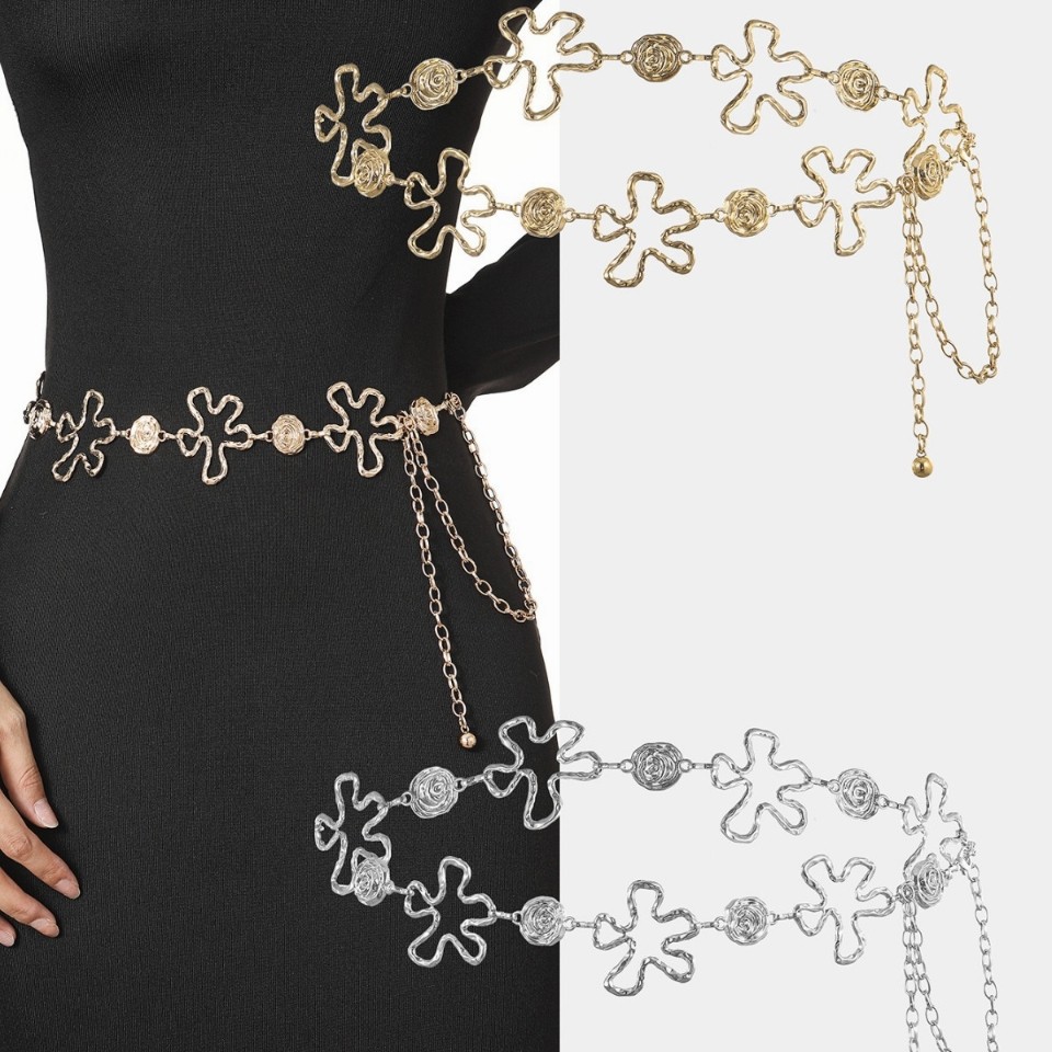 跨境热销时尚花朵腰链女配裙子高级感链条百搭金属腰带配饰甜美风