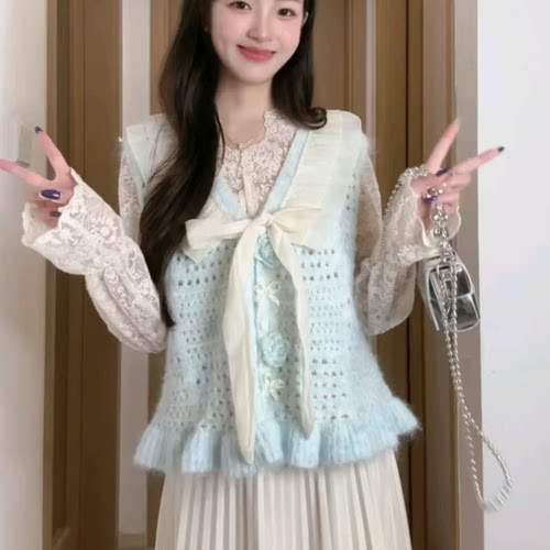 法式甜美v领蝴蝶结立体花朵马甲