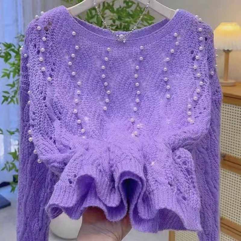 韩系甜美重工钉珠镂空上衣薄款针织衫女春夏新款温柔减龄百搭罩衫,女装/女士精品,毛针织衫,淘宝优惠券,粉丝福利购,淘宝优惠卷