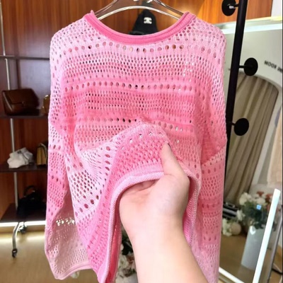 韩系条纹镂空防晒长袖针织衫女