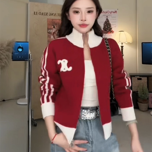 新款韩版三条杠刺绣拉链针织衫女
