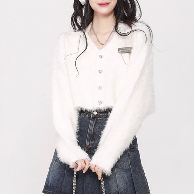水貂绒纽扣V领外搭链条开衫女折