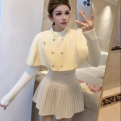 法式高级感双排扣斗篷披肩针织衫