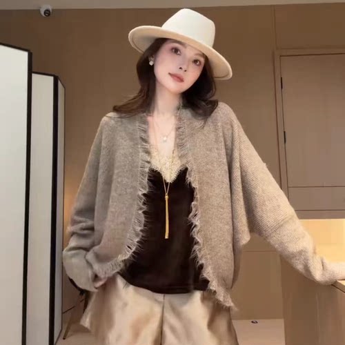 复古老钱风毛边流苏针织开衫女
