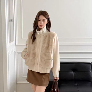 冬季新款高级感仿皮草毛毛拼接立领针织衫女装水貂绒软糯百搭外套