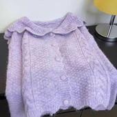 2025年秋冬新款 紫色娃娃领麻花纹单排扣针织衫 女甜美软糯减龄外套