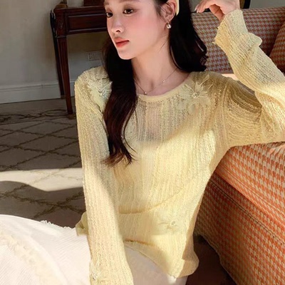 韩系温柔风镂空立体花长袖针织衫