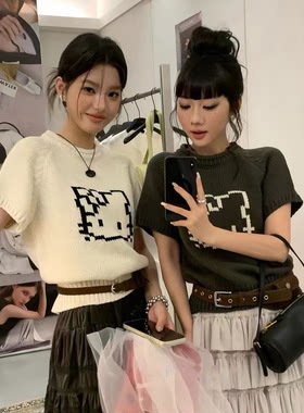 韩系卡通kt猫提花短袖针织衫女