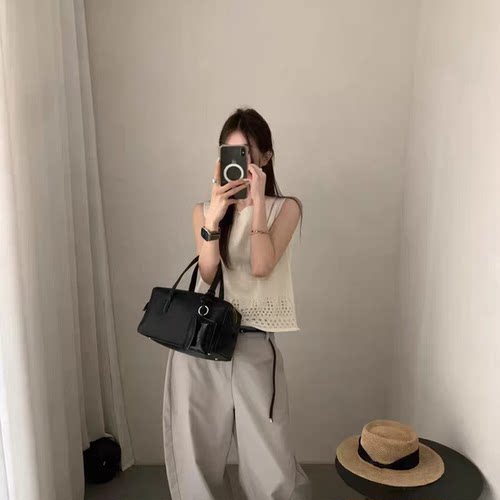 韩系慵懒风下摆镂空提花背心马甲针织衫春夏新款百搭显瘦叠穿上衣