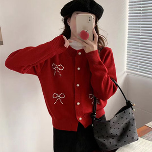 韩系温柔风甜美蝴蝶结钉珠毛衣外套女秋冬时尚洋气宽松显瘦针织衫