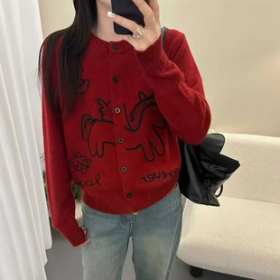 韩系设计感小马印花开衫 女高级感气质百搭软糯毛衣外套 提花针织衫
