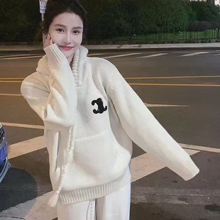 凯旋门麻花辫连帽卫衣毛衣女装秋冬新款宽松百搭小香风针织衫上衣