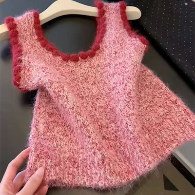 氛围感温柔风毛绒U型针织马甲女