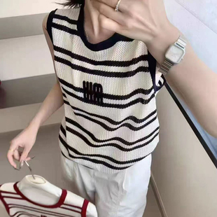 减龄高级感时尚 冰丝针织衫 背心圆领撞色时尚 体恤短袖 时尚 新款 夏季