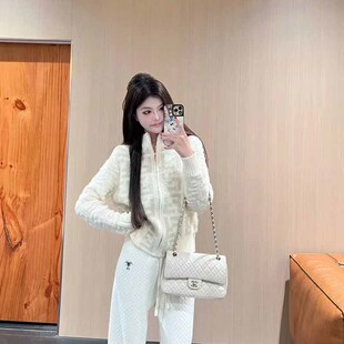 水貂毛立领提花字母拼接外套女秋冬新款百搭小个子针织拉链开衫潮