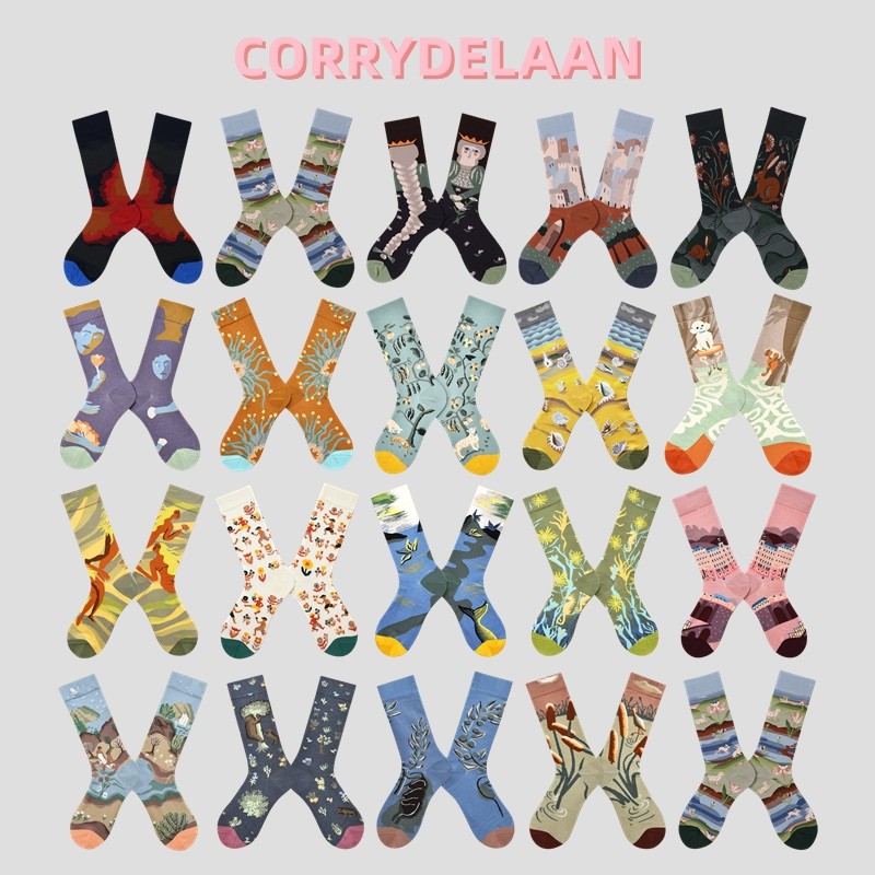 长袜子女春秋ins潮日系网红小众油画中筒袜男情侣文艺复古外穿袜,女士内衣/男士内衣/家居服,中筒袜,淘宝优惠券,粉丝福利购,淘宝优惠卷