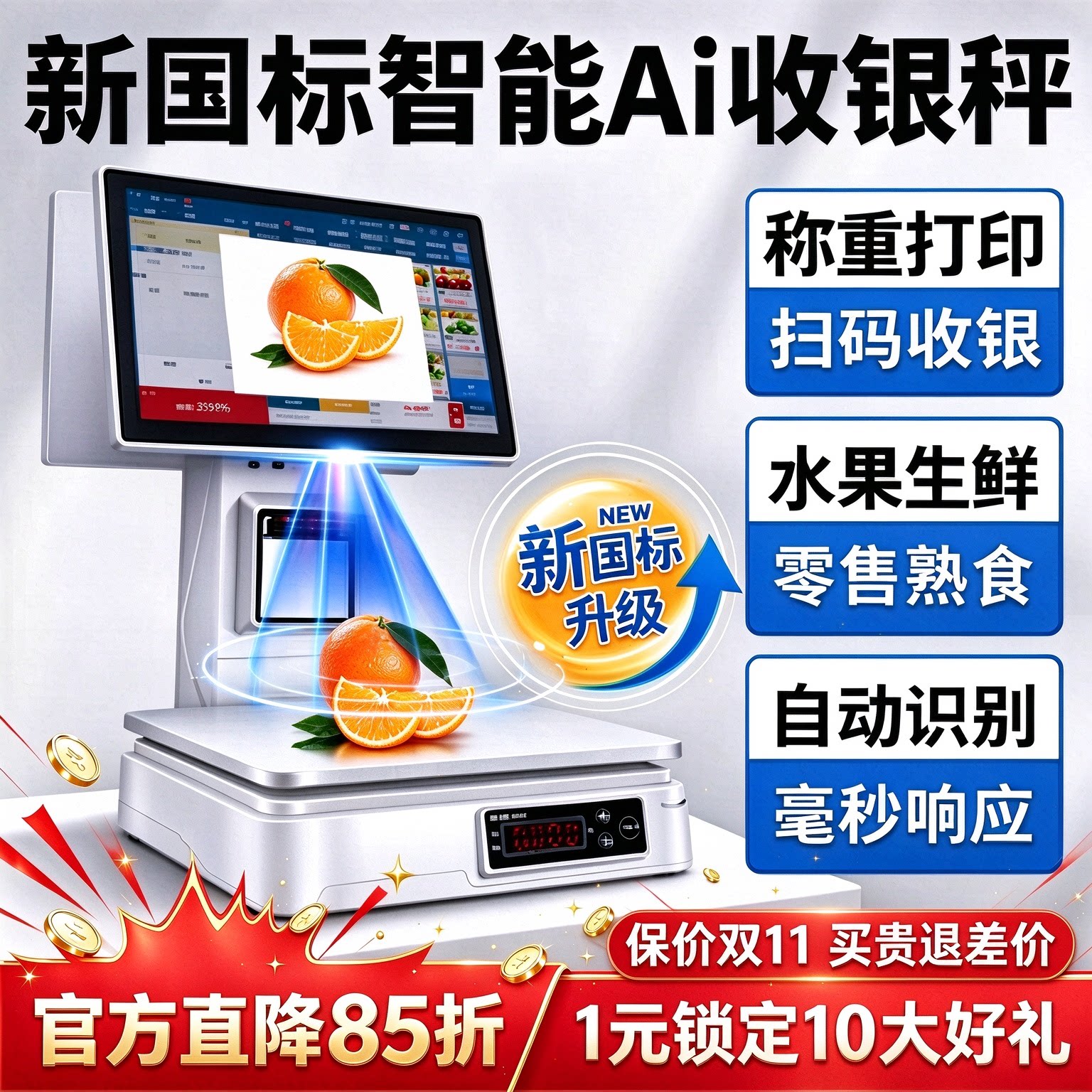 智能Ai商品识别水果店收银机收银秤称重一体机果蔬熟食零食便利店生鲜超市卤菜麻辣烫店电子秤收款机收银系统