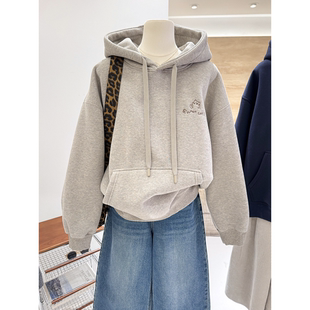 卡通小猫刺绣重磅棉秋冬新款 韩系加绒加厚保暖慵懒休闲连帽卫衣女