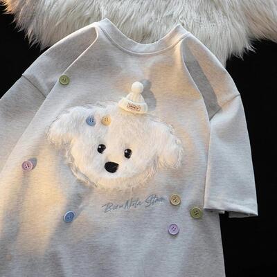 纯棉毛绒刺绣夏季宽松短袖T恤女