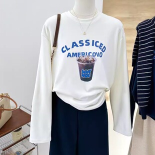 韩系复古图案宽松显瘦打底衫 中长款 T恤女休闲tee 春秋新款 纯棉长袖