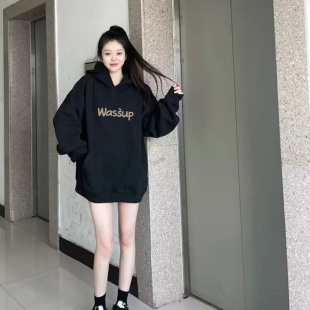 韩版潮流字母印花chic慵懒风连帽抽绳卫衣女生薄款长袖秋冬季外套
