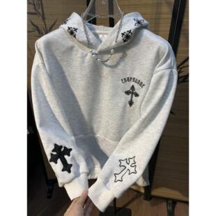 加绒加厚美式高街风十字架刺绣秋冬新款连帽卫衣女国潮牌帽衫外套