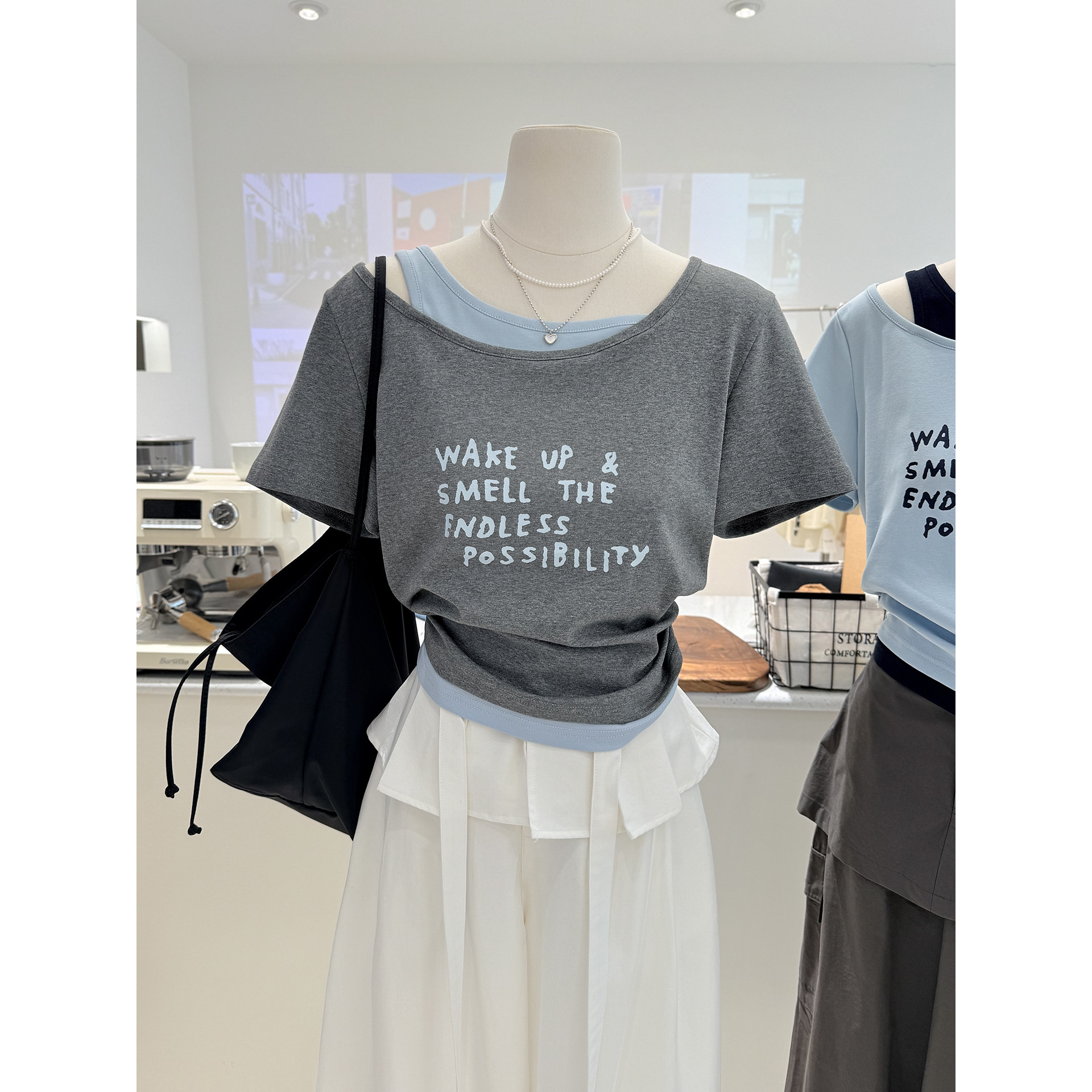 纯棉斜肩假两件短袖T恤女夏季tee图片