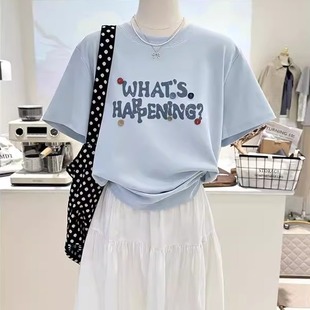 T恤女上衣 纯棉纽扣字母印花夏季 新品 韩系复古宽松显瘦短袖 打底衫
