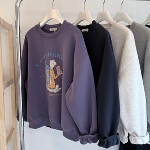 460G重磅厚实保暖加绒卫衣女秋冬新款 韩系圆领加厚高级感宽松上衣