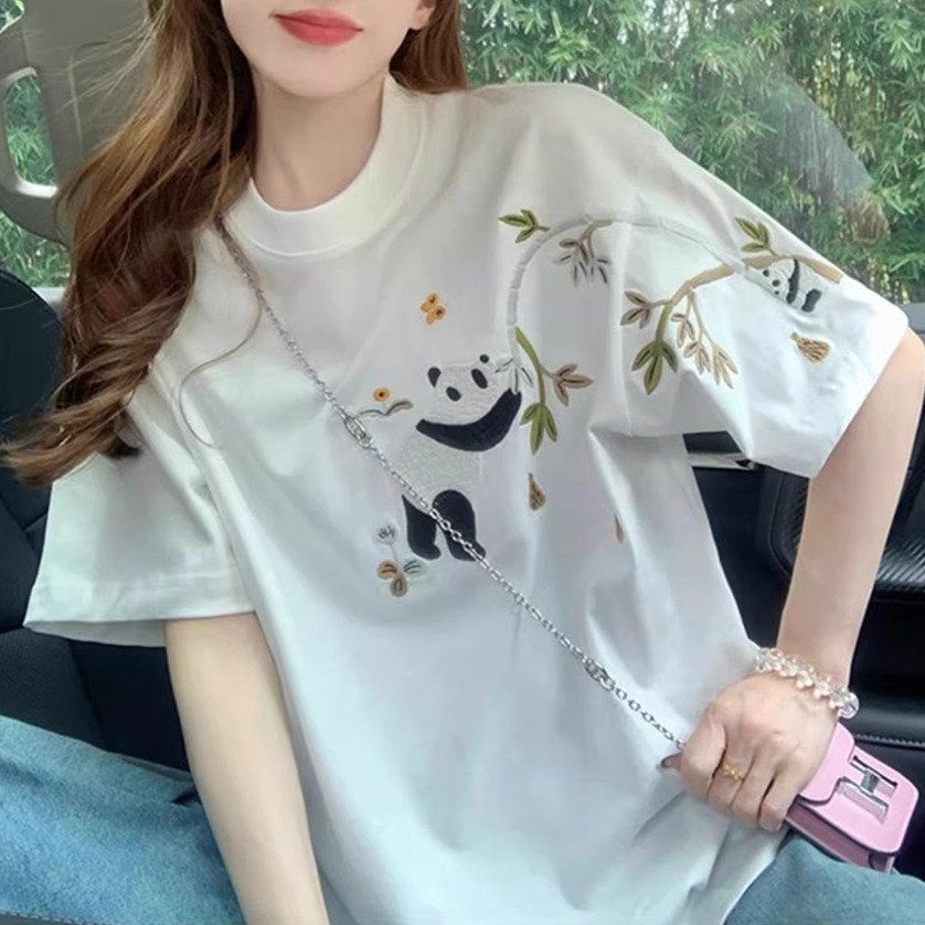 国风熊猫刺绣短袖t恤女小众上衣
