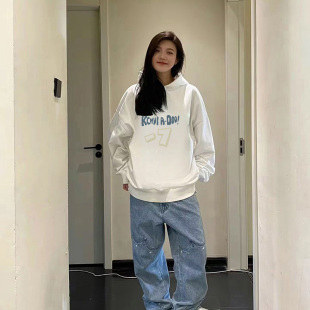 设计感小众字母印花卫衣女无帽春秋oversize潮牌带帽长袖白色上衣