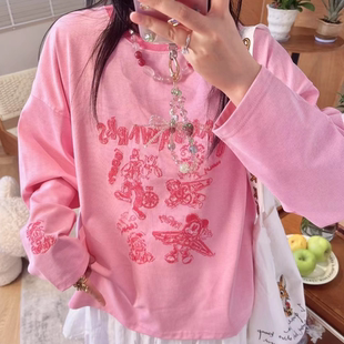 小个子打底衫 T恤女装 上衣 潮牌减龄涂鸦线条卡通重工刺绣长袖 韩版