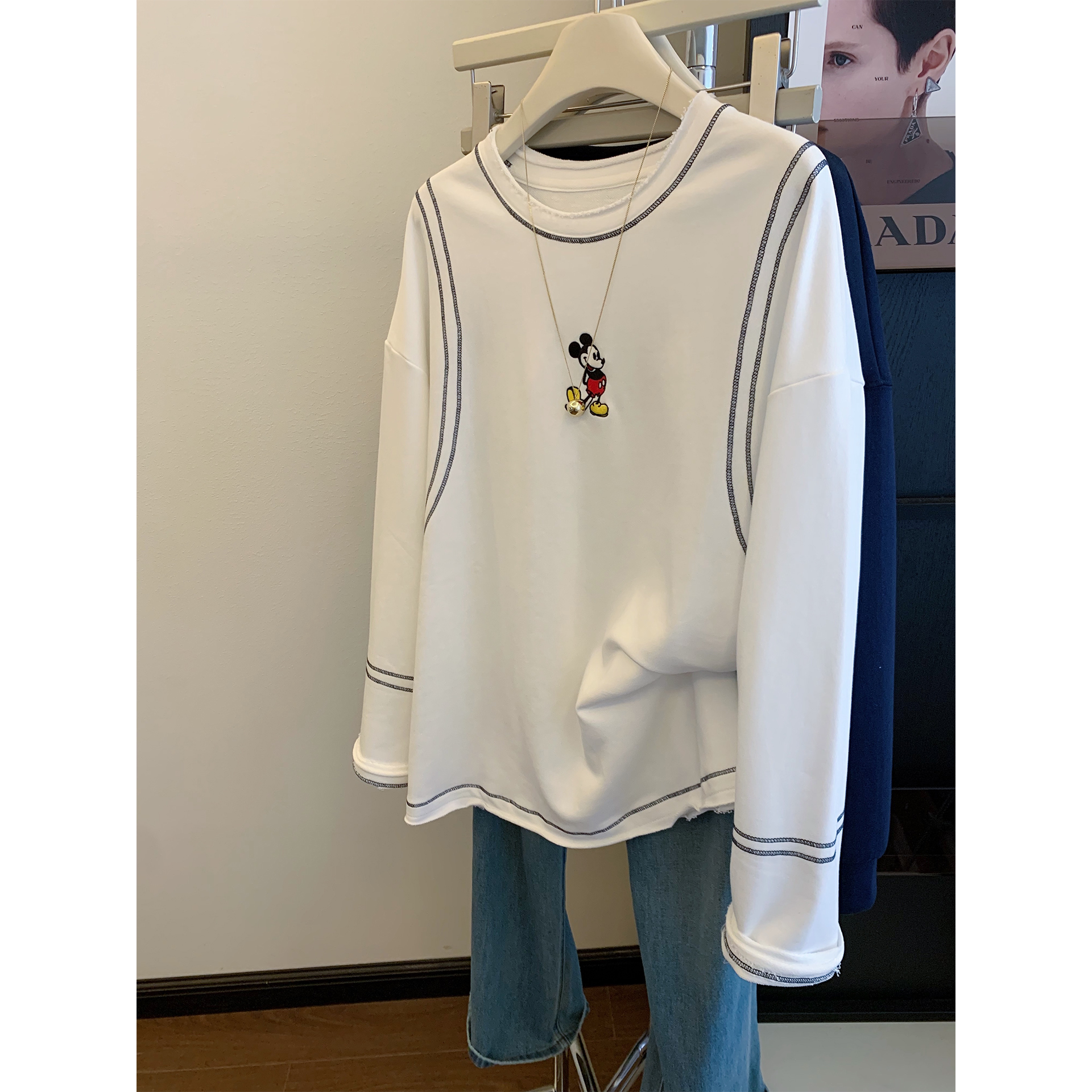 白色米奇刺绣长袖卫衣女2025春秋新款超好看小个子明线设计上衣潮