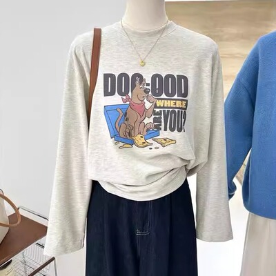 纯棉长袖T恤女宽松春秋上衣tee