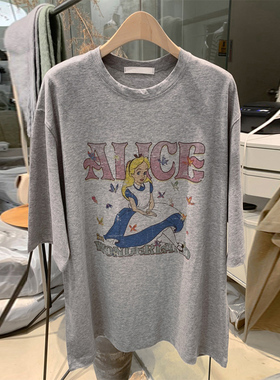 灰色爱丽丝公主字母慵懒风纯棉短袖t恤女2025夏季新款ins宽松上衣