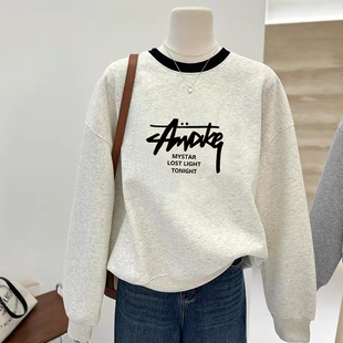 欧货圆领白灰色初中学生卫衣女无帽秋冬款宽松设计感情侣装上衣服