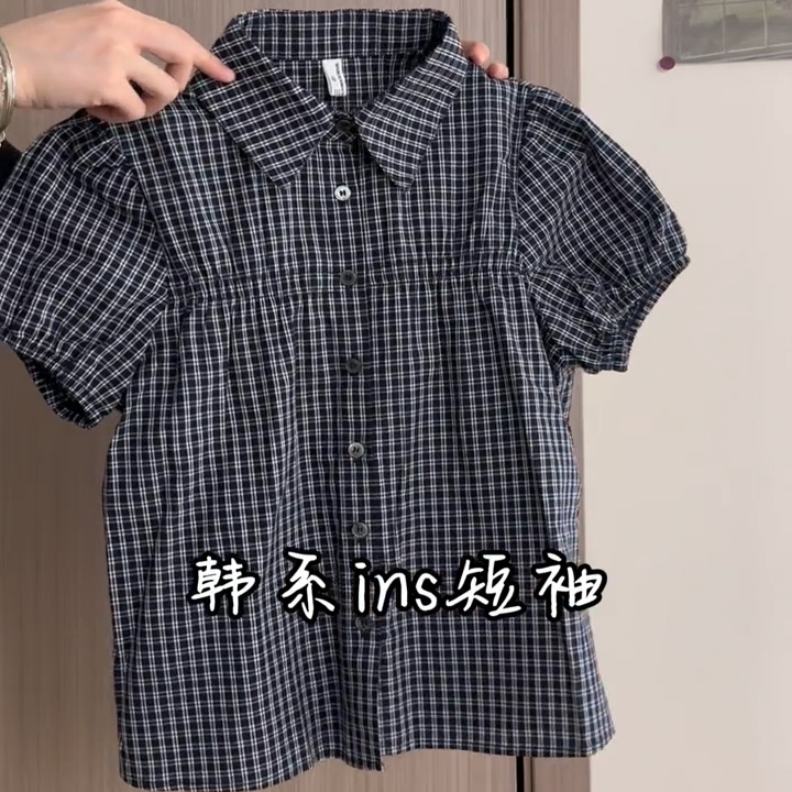 夏季复古格纹泡泡袖POLO领短袖衬衫女新款显瘦通勤百搭外穿上衣服