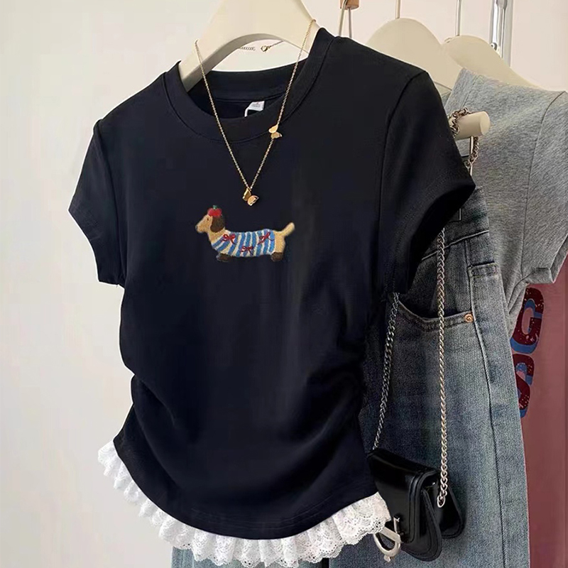 腊肠狗刺绣洋气短袖t恤短款上衣