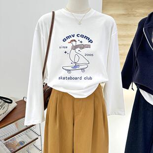 纯棉春秋新款韩系卡通减龄图案宽松时尚白色长袖T恤女打底衫内搭