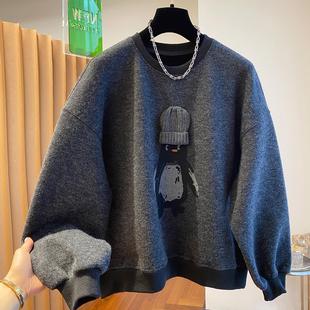 立体帽子高级感加绒卫衣女秋冬2025新款宽松休闲减龄套头圆领上衣