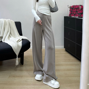 宽松瑜伽裤 Soft罗纹拼接阔腿裤 高腰抽绳显瘦空气层垂感开衩直筒裤