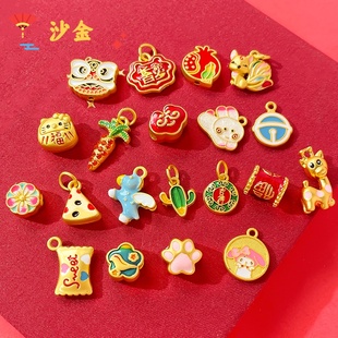 镀金长命锁吊坠隔珠吊坠配件diy红绳手链项链玉兔吊坠挂坠配件