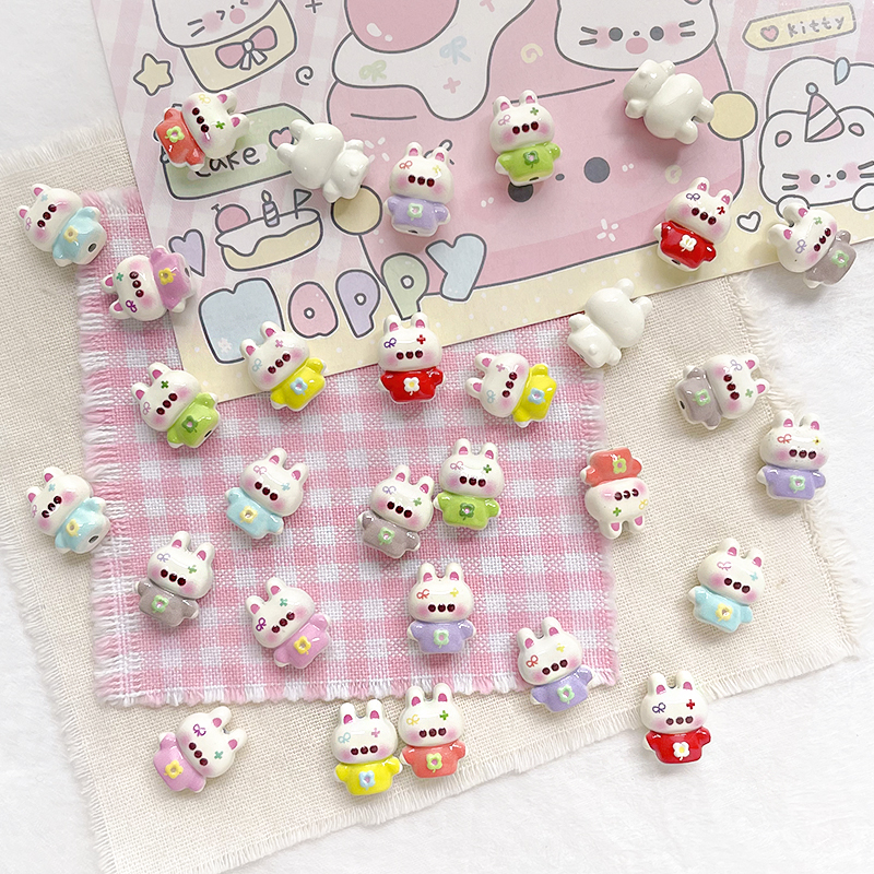 卡哇伊超萌腮红可爱兔子串珠合金烤漆diy手工散珠手链饰品配件