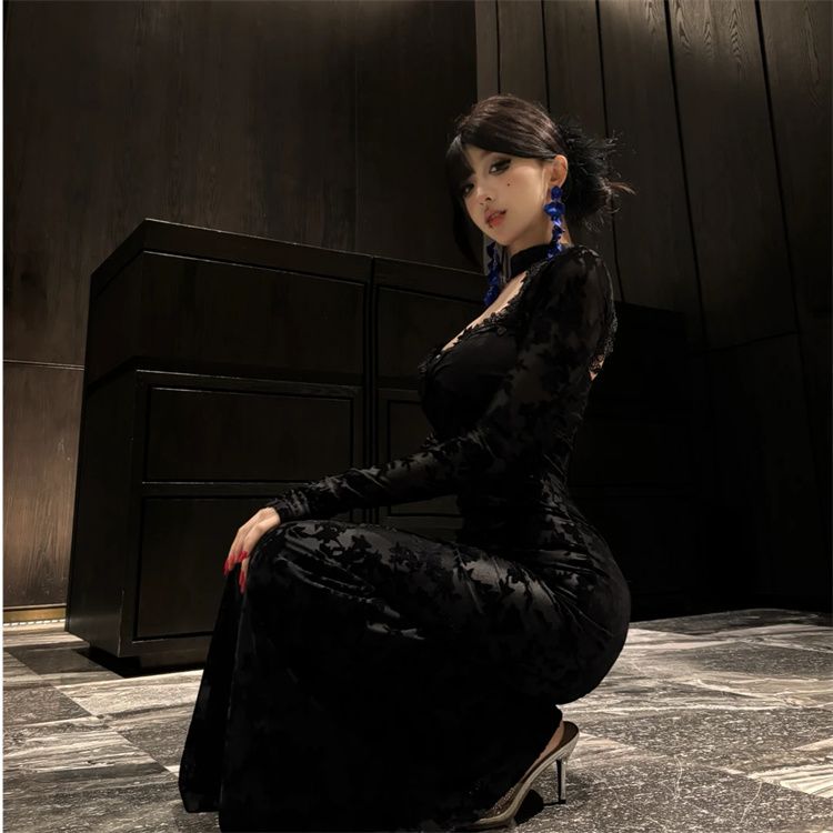 大码mm赫本风黑色蕾丝拼