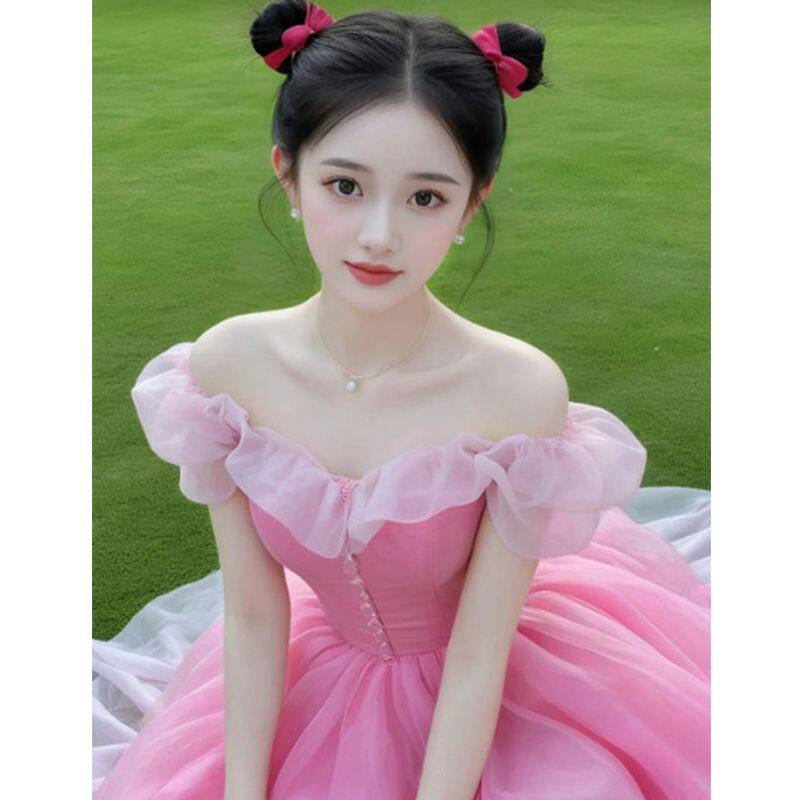 法式别致绝美超仙气质收腰超好看小香风玫红色雪纺连衣裙子女夏季