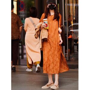 2025新款高端精致新中式复古改良旗袍黄色开叉长袖连衣裙子女春季