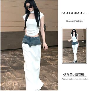 纯欲风辣妹套装女2024夏季新款显瘦t恤美式牛仔拼接半身裙两件套