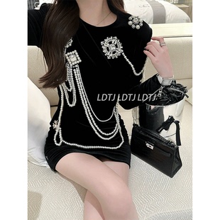 LDTJ高定 巴曼秋高奢王菲菲复古气质重工珍珠闪钻丝绒连衣裙女