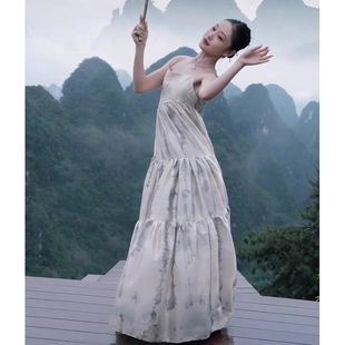 新中式 高级感海边度假收腰大摆裙子 国风印花无袖 吊带连衣裙女夏季