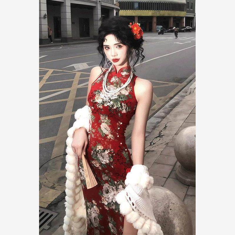 红色改良旗袍新中式国风